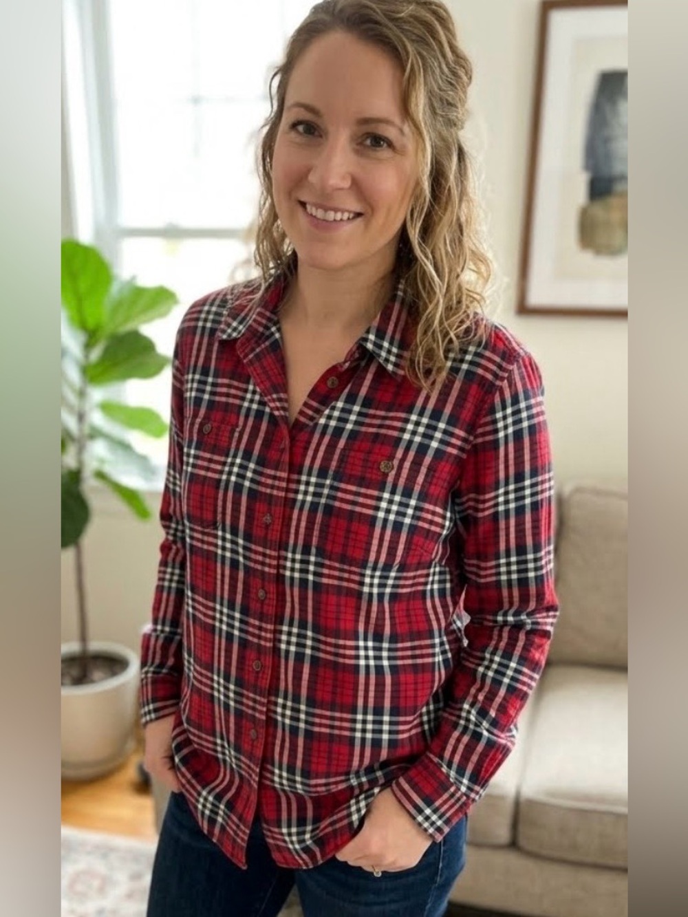 Duluth Trading Company Women’s Free Swingin Red & Navy Flannel Shirt Sz Large